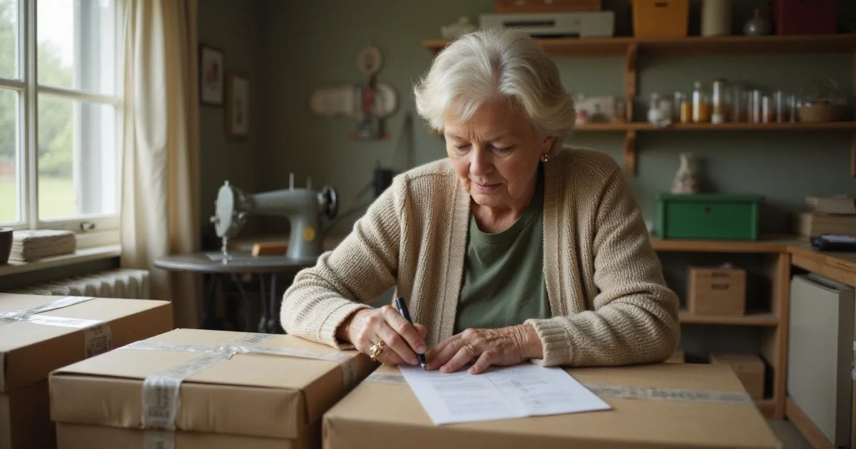 Senior woman labeling boxes in a sunny sewing room