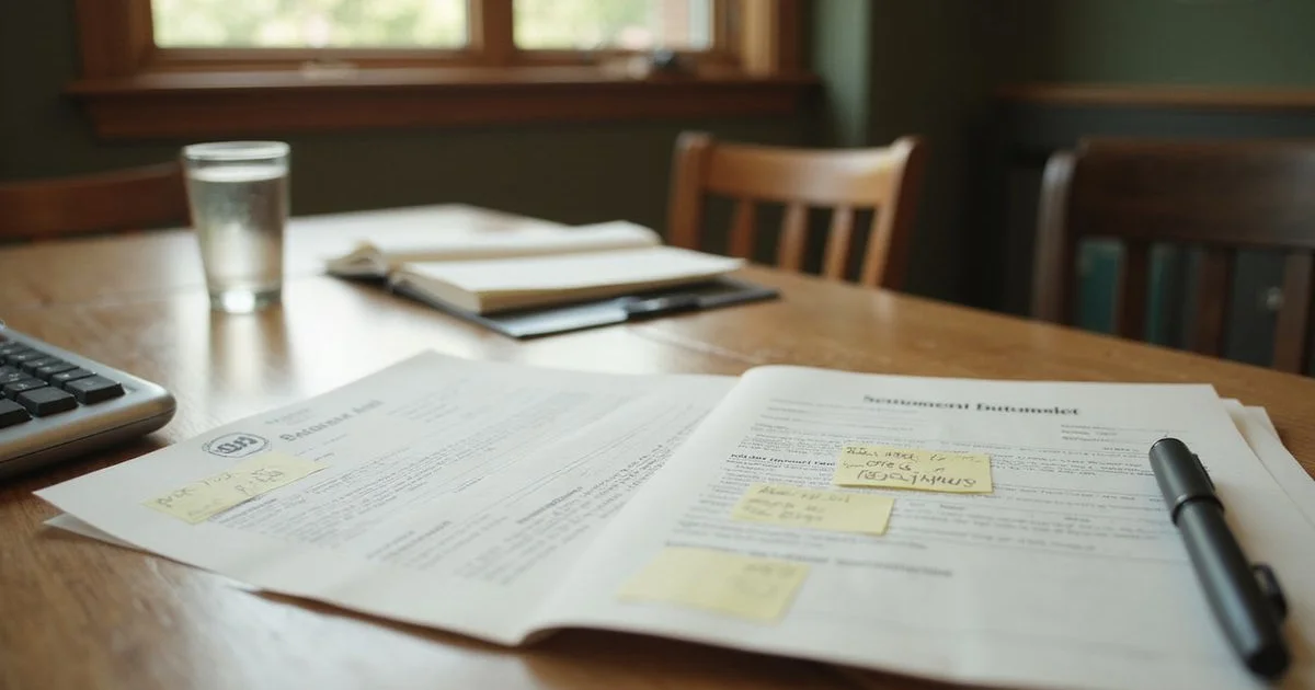 Settlement statement pages and a pen on a title company conference table