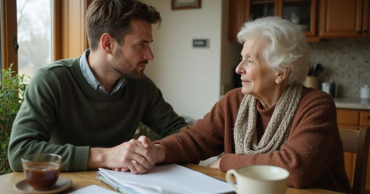 Son holding his mother's hand at her kitchen table with documents nearby