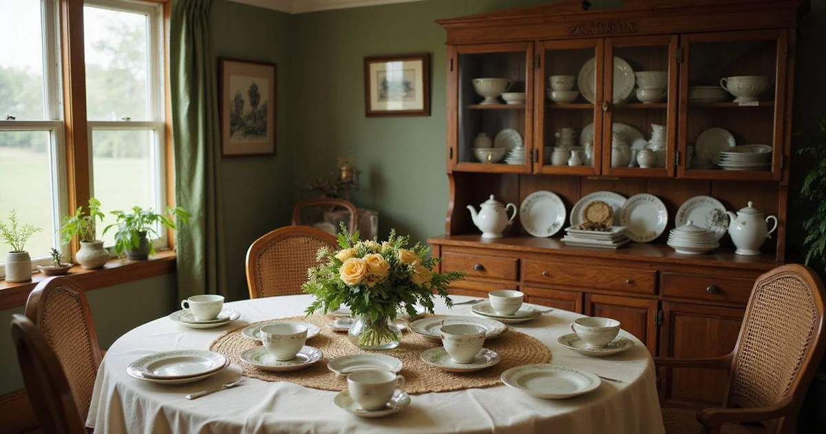 Tagged furniture and dishes arranged for an estate sale in a dining room