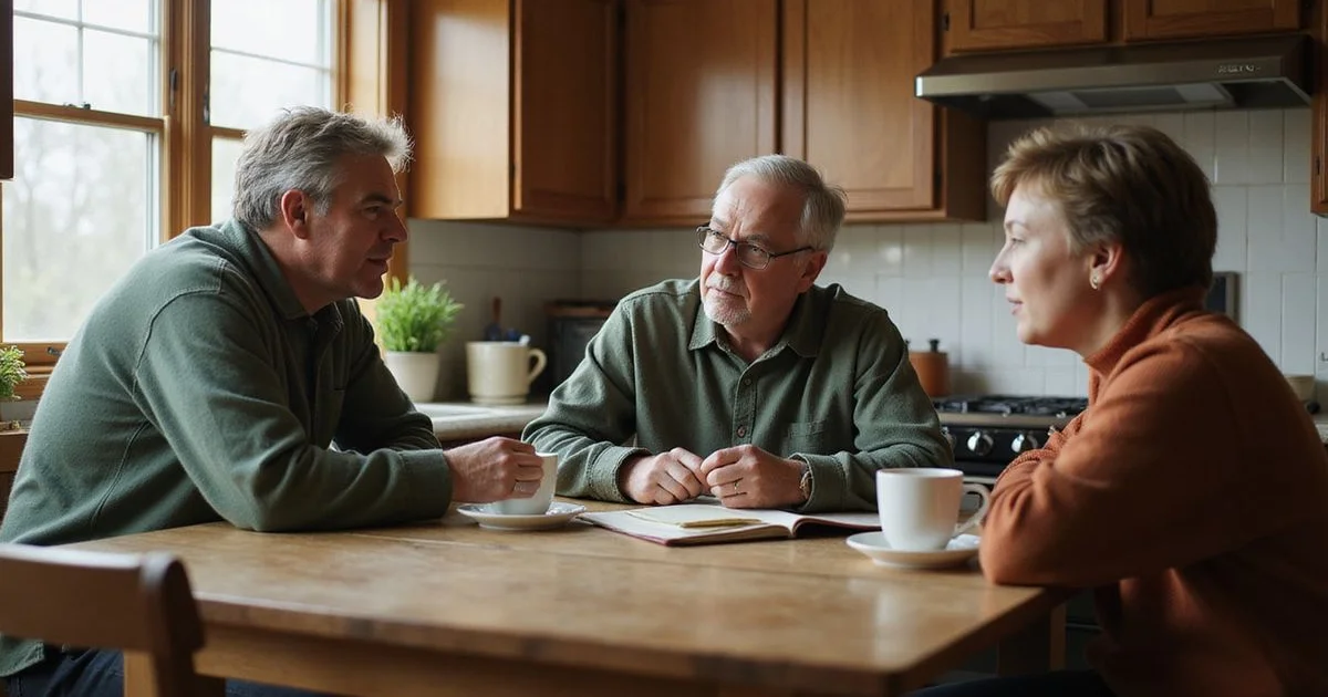 Three adult siblings talking quietly at a kitchen table in their parents' home