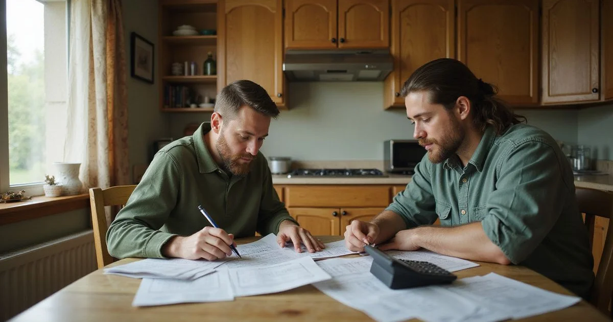 Two adult siblings comparing printed numbers at a dining table in a dated Minnesota home
