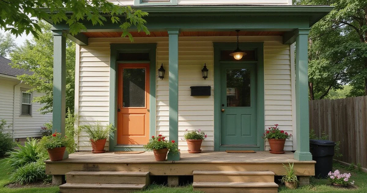 Up-down Minnesota duplex exterior with two front doors, summer