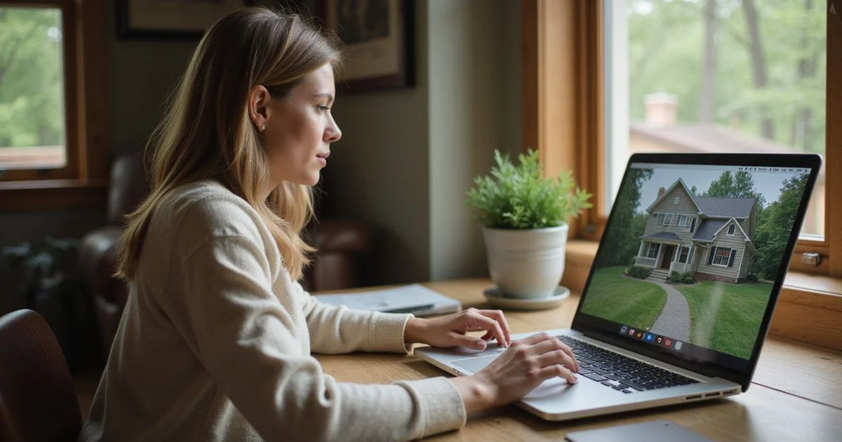 Woman on a laptop video call at home, a Minnesota house visible on screen