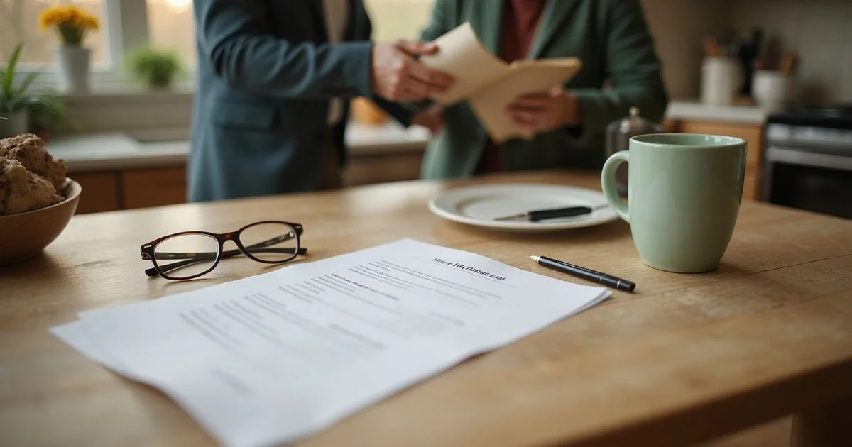 Written offer sheet with line items on an oak table beside reading glasses