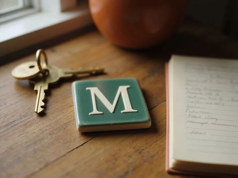 Minnesold brand monogram on an oak table beside a house key and notepad