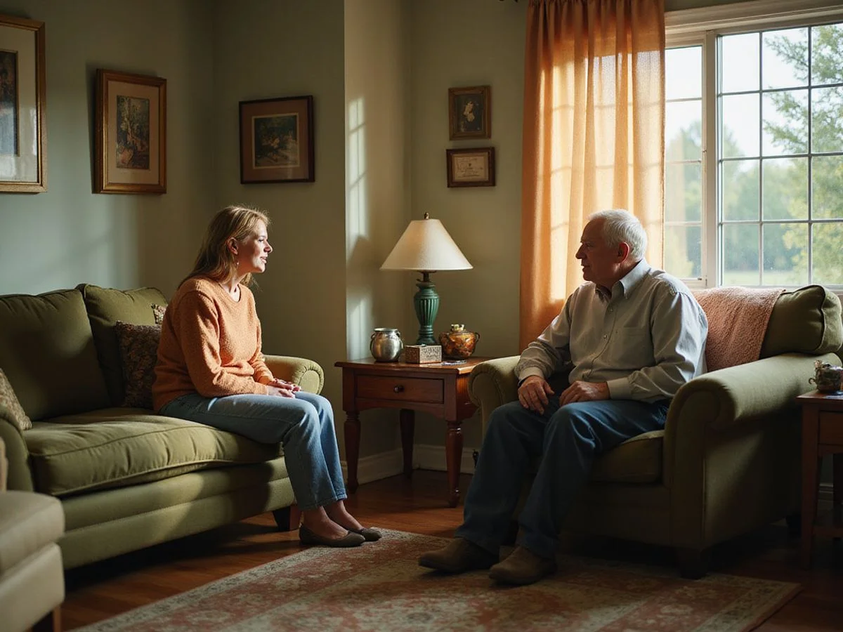 Adult daughter and her elderly father talking in a sunlit assisted living room