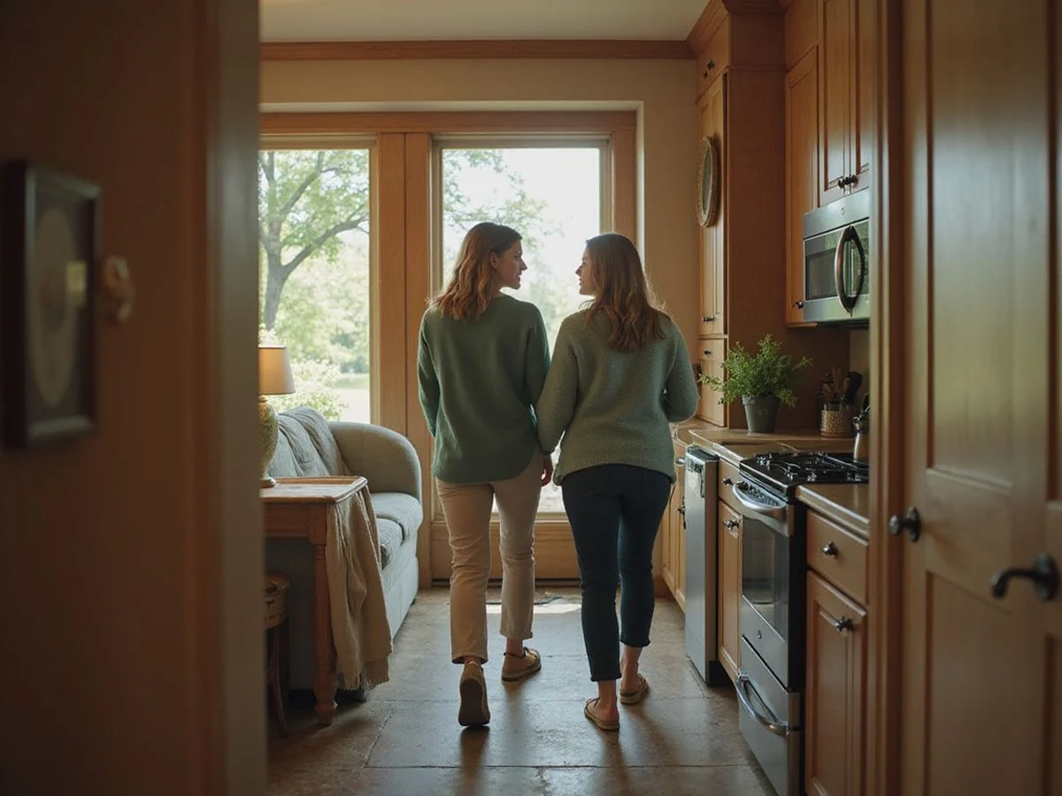 Adult daughter and a team member walking through an older Minnesota home together