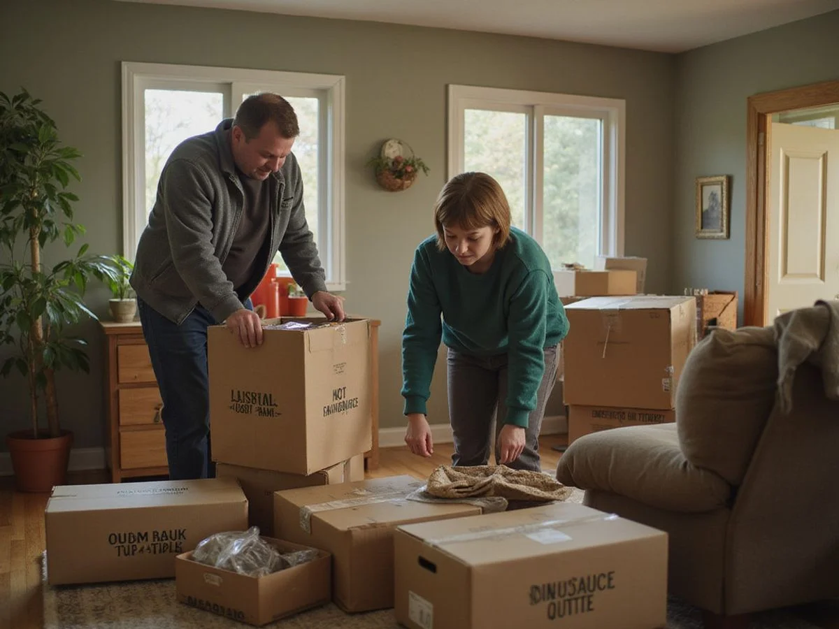Adult siblings sorting family belongings into labeled boxes in a basement