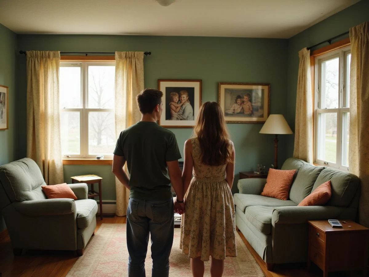 Adult siblings standing in their late mother's Minnesota living room, looking at family photos
