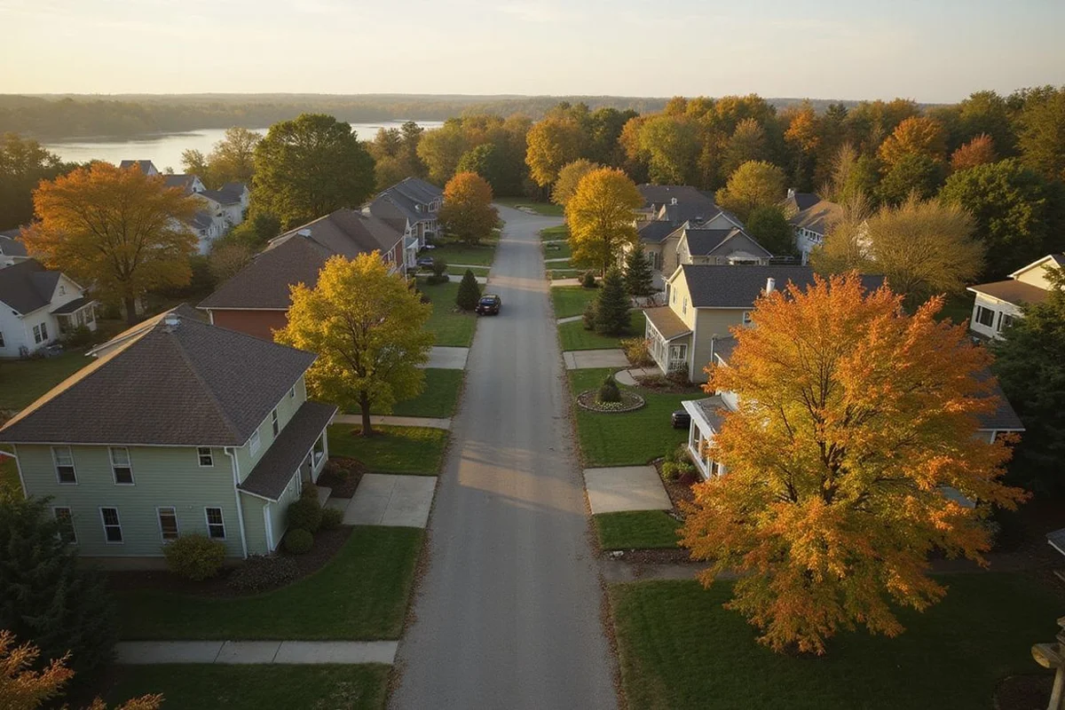 Aerial view of a Minnesota neighborhood with mature trees near a lake