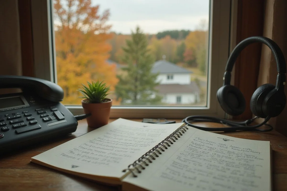 Client services desk with a phone headset and notepad by a window