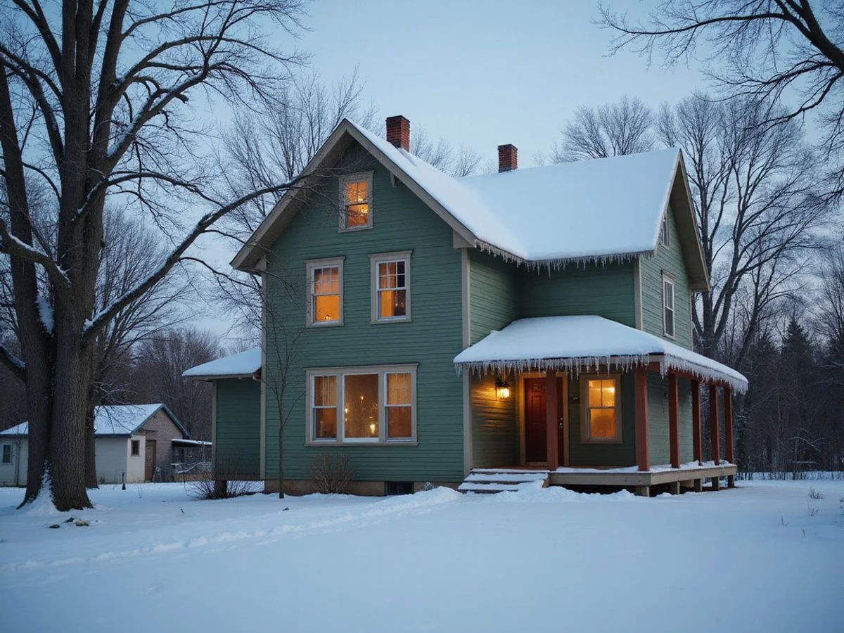 Empty Minnesota house in deep winter with icicles along the gutters