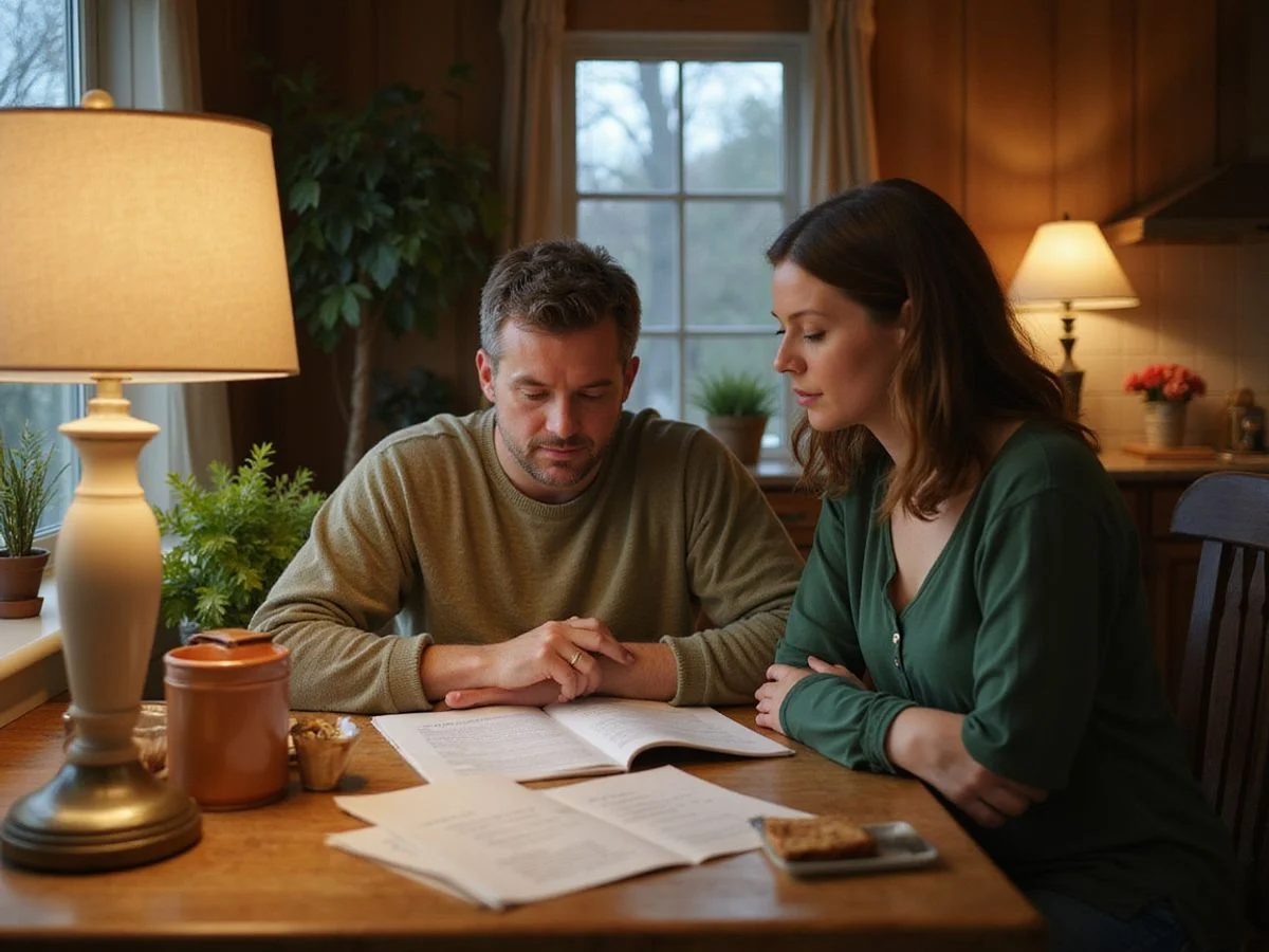 Homeowner couple reviewing mortgage statements at the kitchen table in the evening