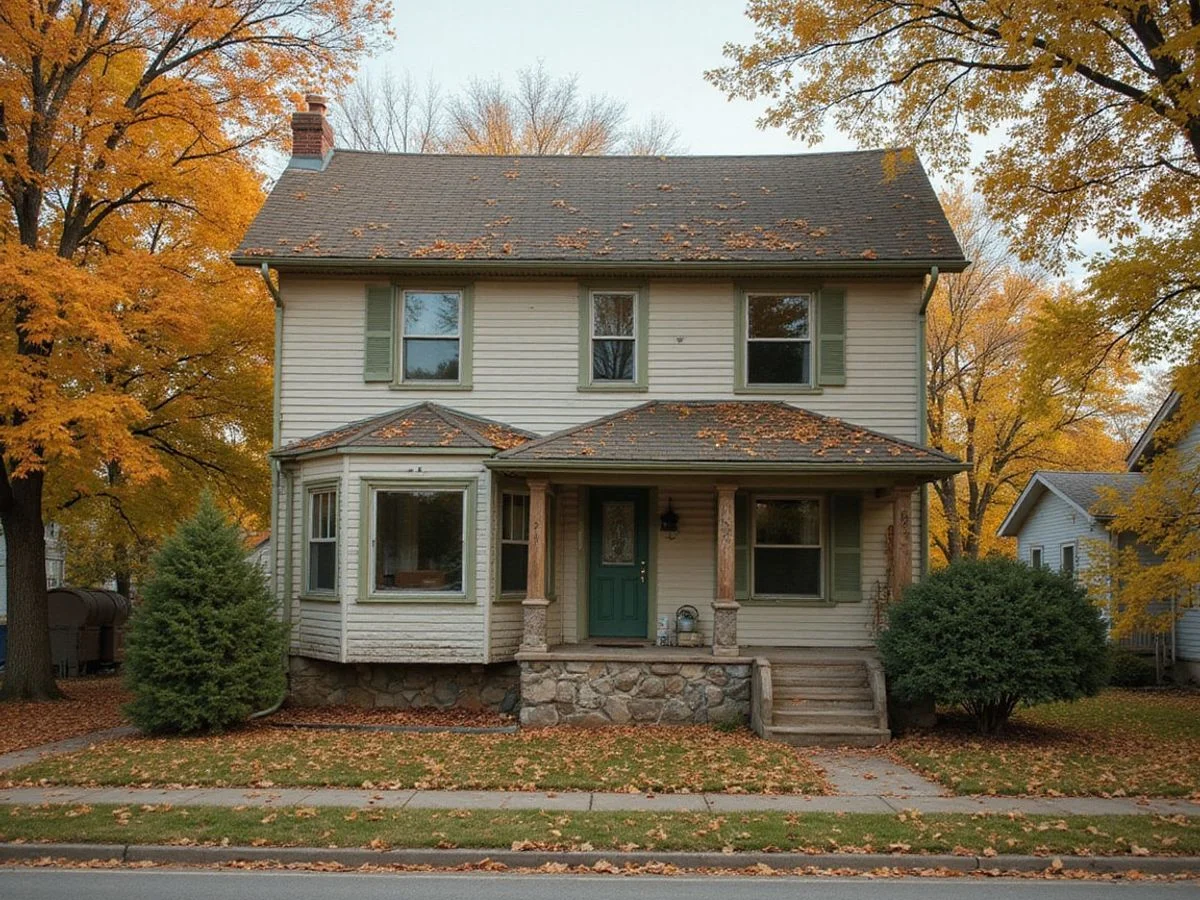 Older Minnesota two-story home with a visible stone foundation line