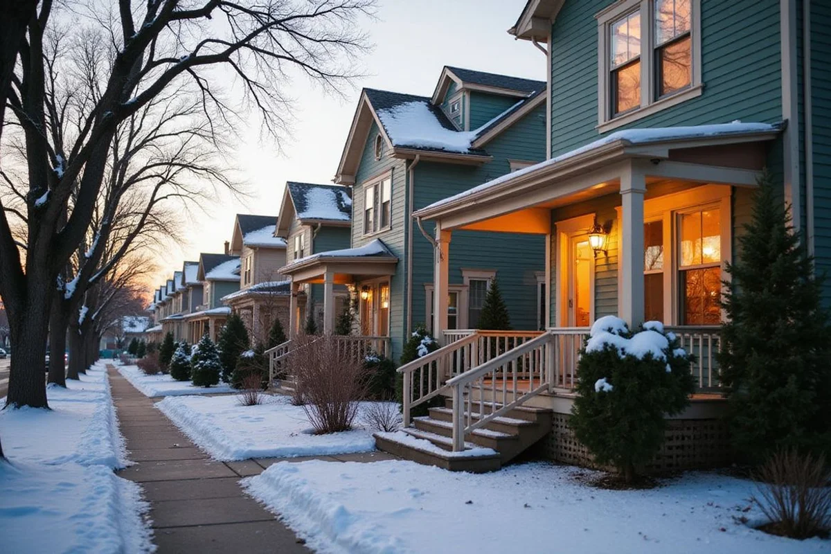 Row of classic Minnesota homes on a snowy street at dusk