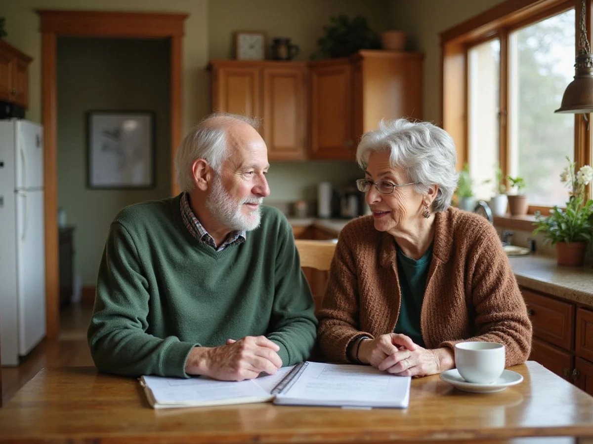 Senior couple planning a move at their kitchen table