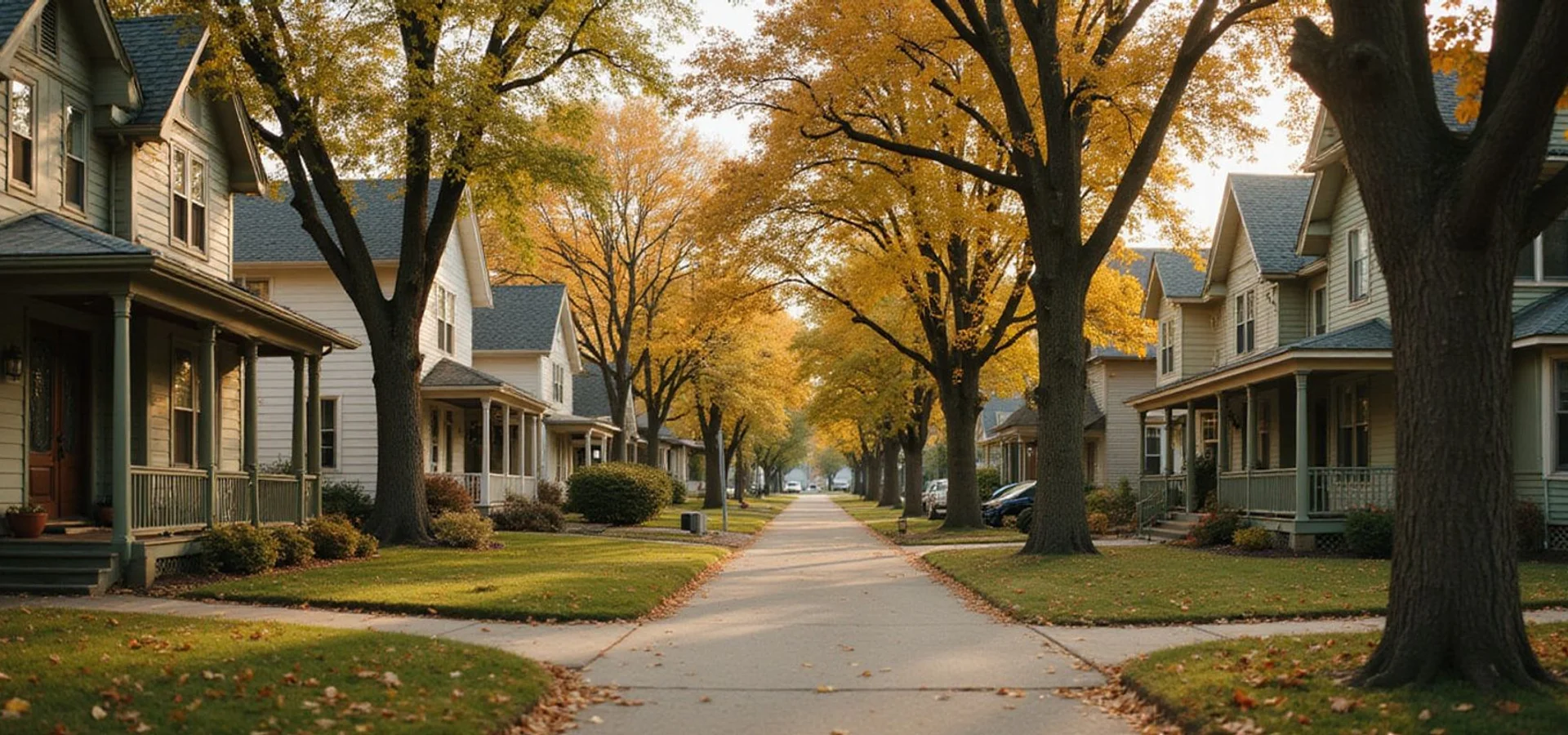 Tree-lined Minnesota residential street with older family homes