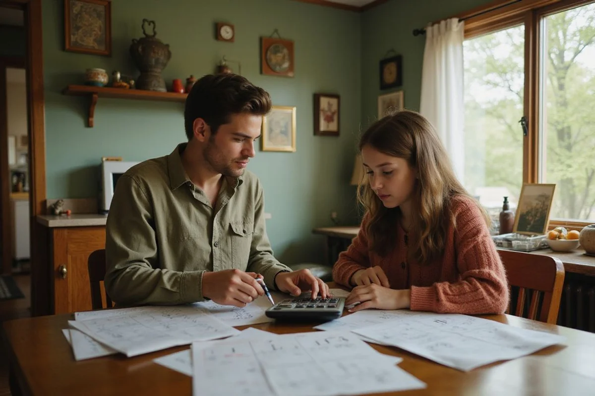 Adult siblings comparing printed numbers at a dining table