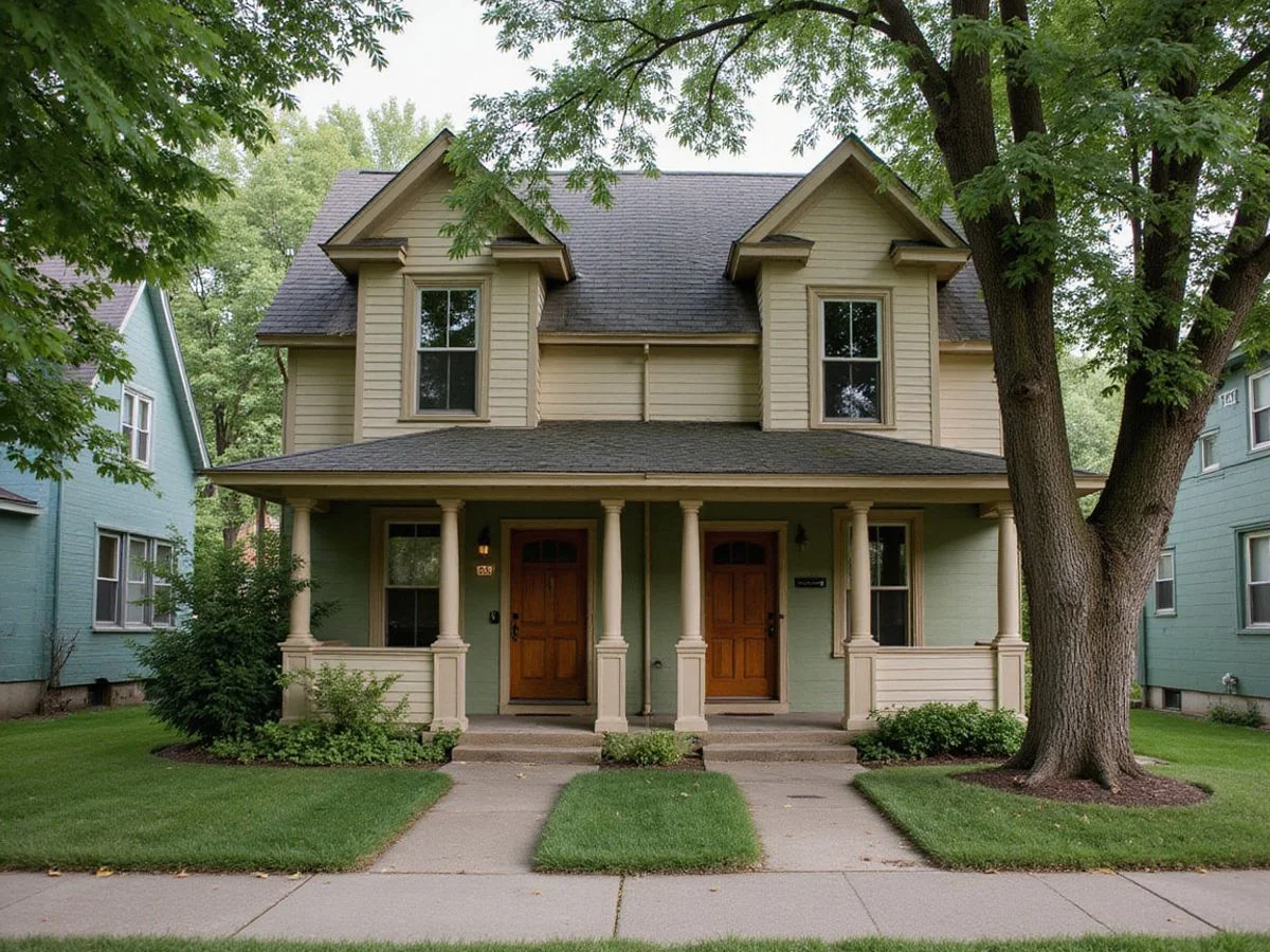 Up-down Minnesota duplex with two front doors on a tree-lined street