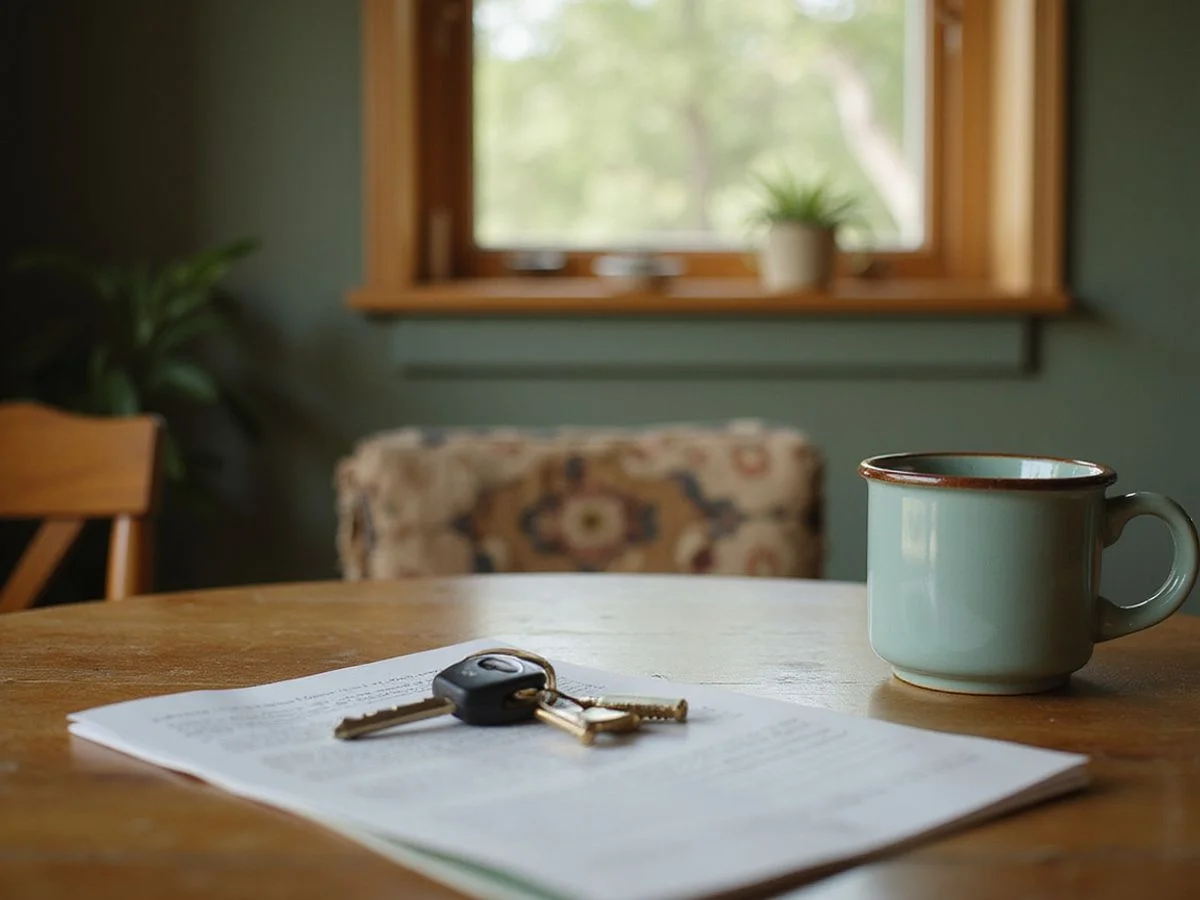 Kitchen table with a written offer sheet, coffee, and house keys in morning light