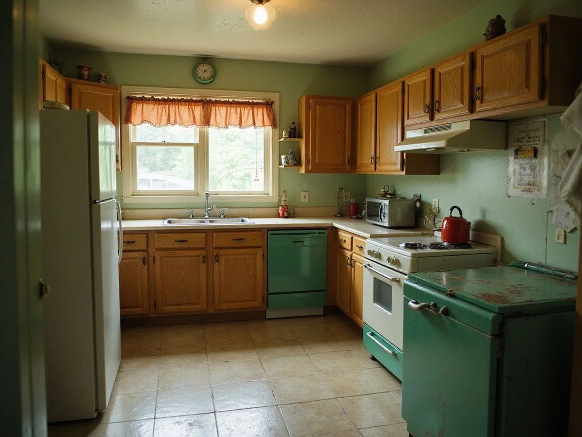 Worn but tidy 1950s Minnesota kitchen with original cabinets